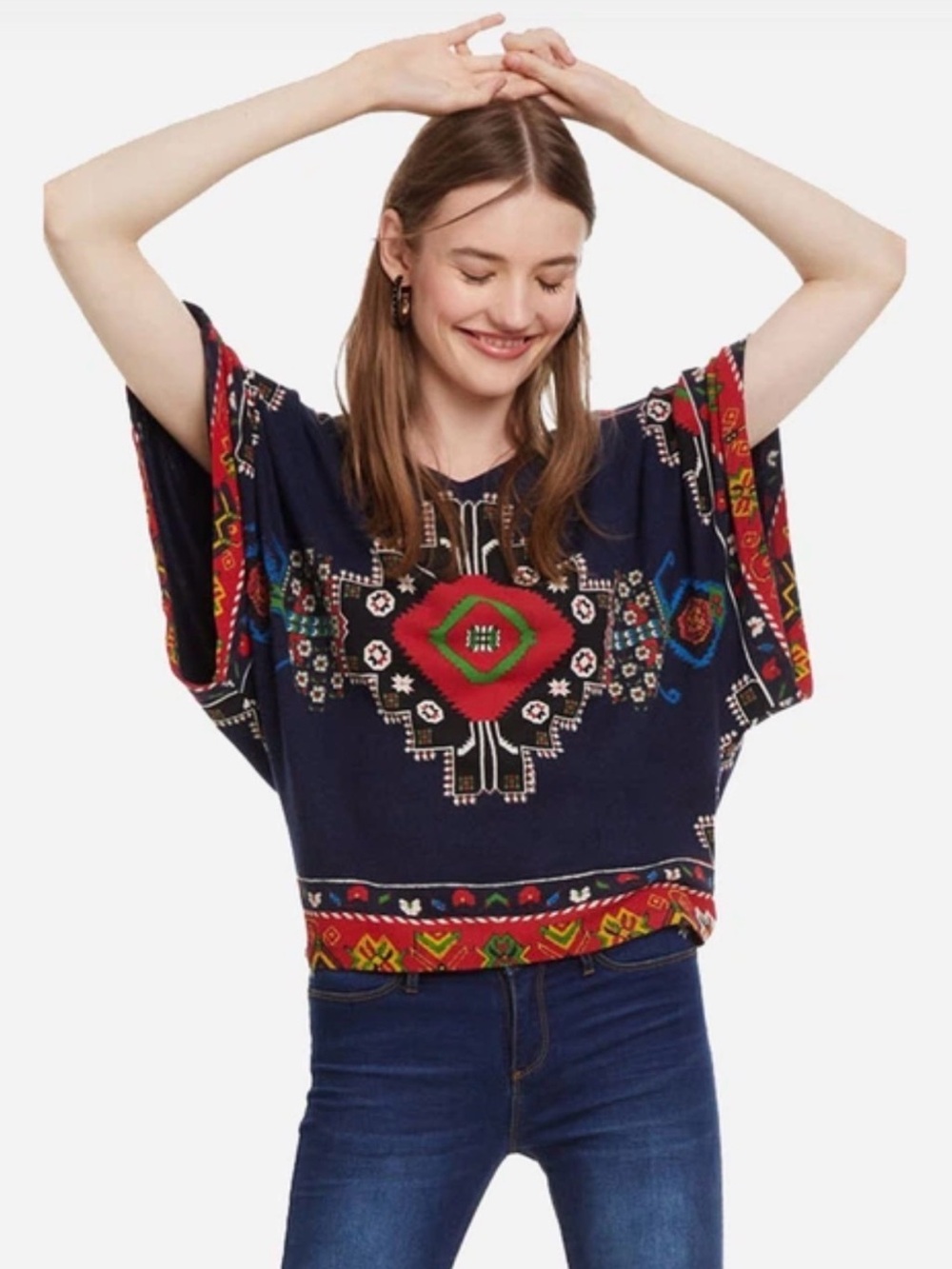 Desigual Navy Embroidered Boho Top